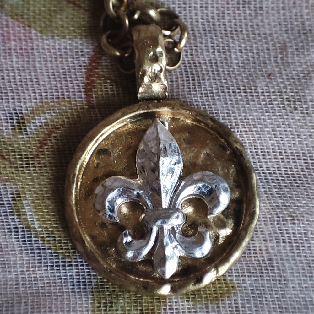 Fleur De Lis Gold & Silver Tone Matte Mixed Metals Pendant Necklace NOLA Saints